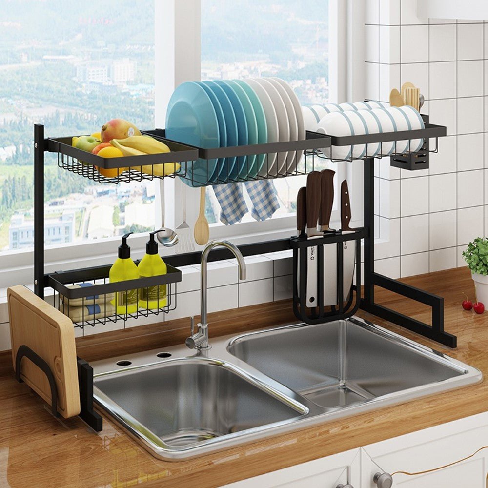 34.6" Stainless Steel Black Dish Drying Rack Over Kitchen Sink, Dishes and Utensils Draining Shelf - TRENDVYO