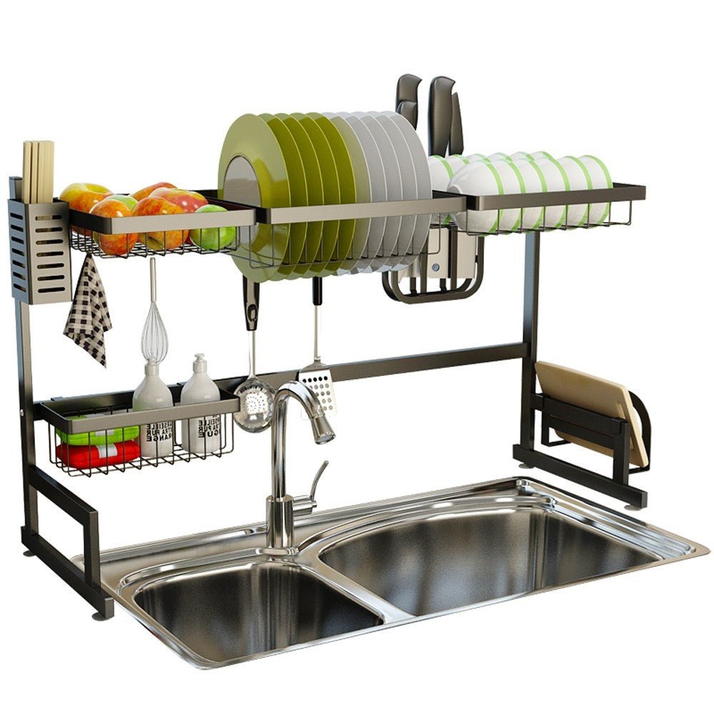 34.6" Stainless Steel Black Dish Drying Rack Over Kitchen Sink, Dishes and Utensils Draining Shelf - TRENDVYO