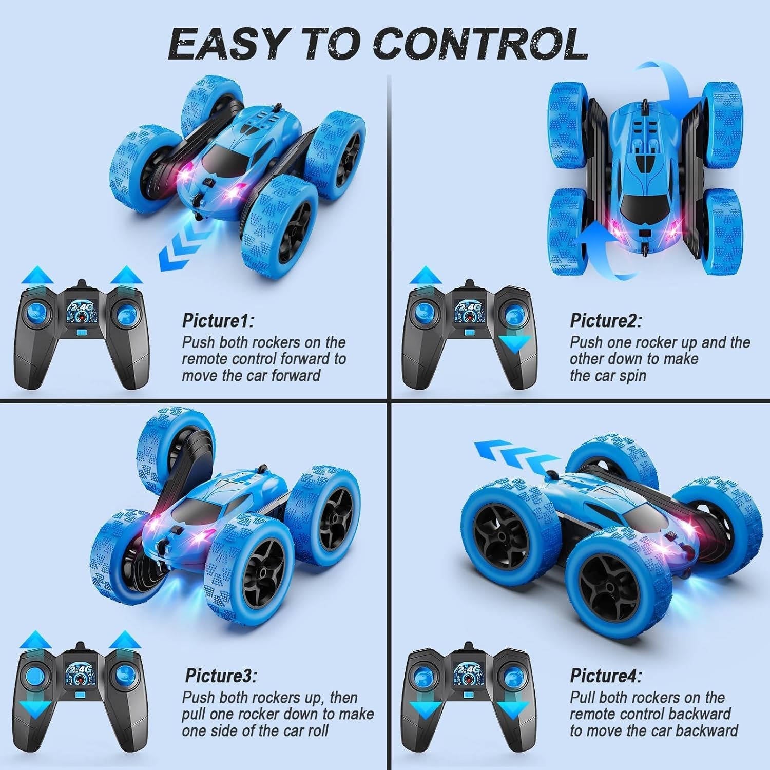 RC Cars Toys for Kids Ages 6 to 12 with LED Lights & 360° Flips - TRENDVYO