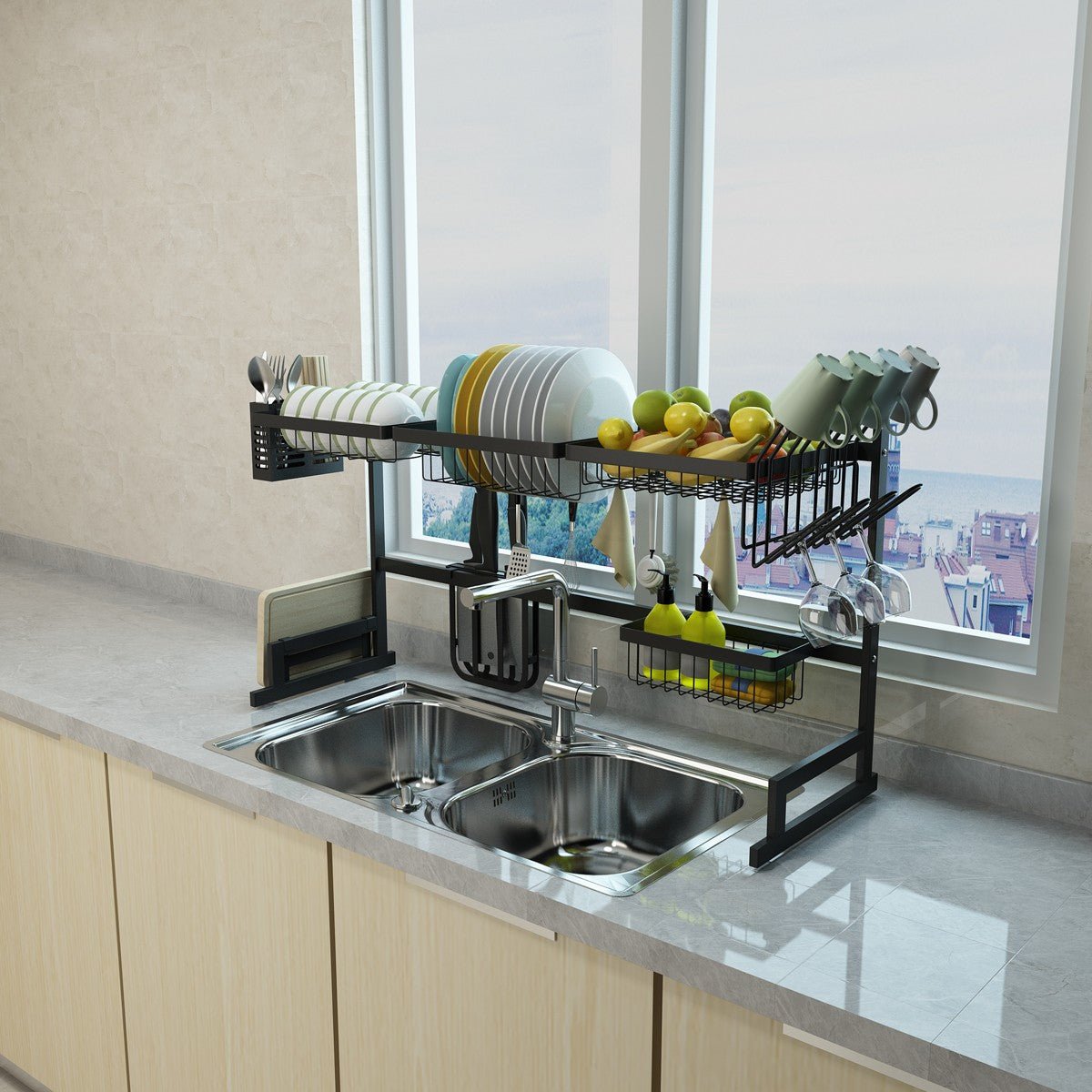 34.6" Stainless Steel Black Dish Drying Rack Over Kitchen Sink, Dishes and Utensils Draining Shelf - TRENDVYO