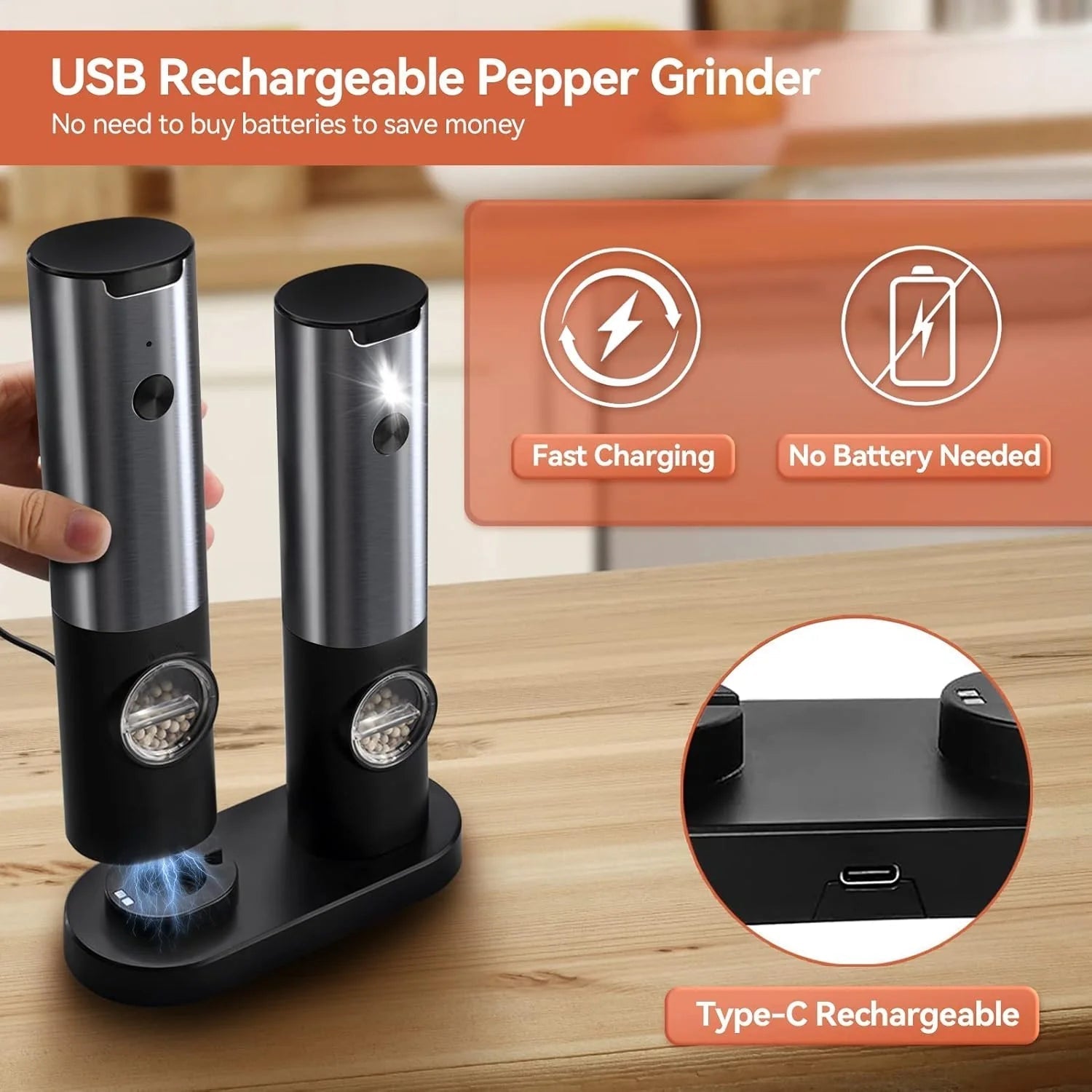 Elegant Electric Salt And Pepper Mill With Rechargeable Battery - TRENDVYO