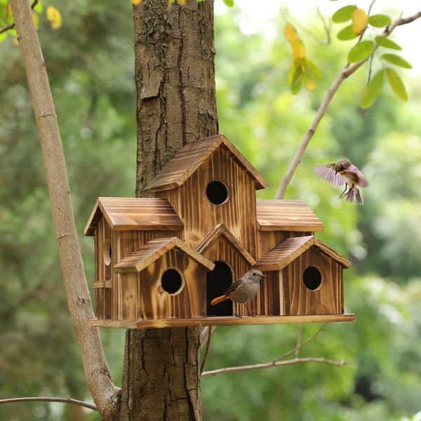 Handcrafted Wooden Birdhouse With 6 Holes - TRENDVYO