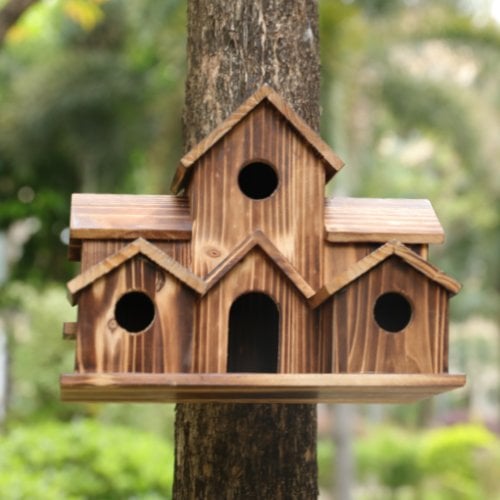 Handcrafted Wooden Birdhouse With 6 Holes - TRENDVYO