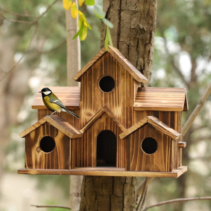 Handcrafted Wooden Birdhouse With 6 Holes - TRENDVYO